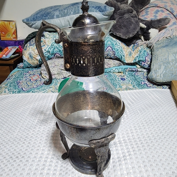VINTAGE SILVER PLATED BASE  EUC COFFEE TEA GLASS CARAFE WARMER SET - Picture 2 of 11